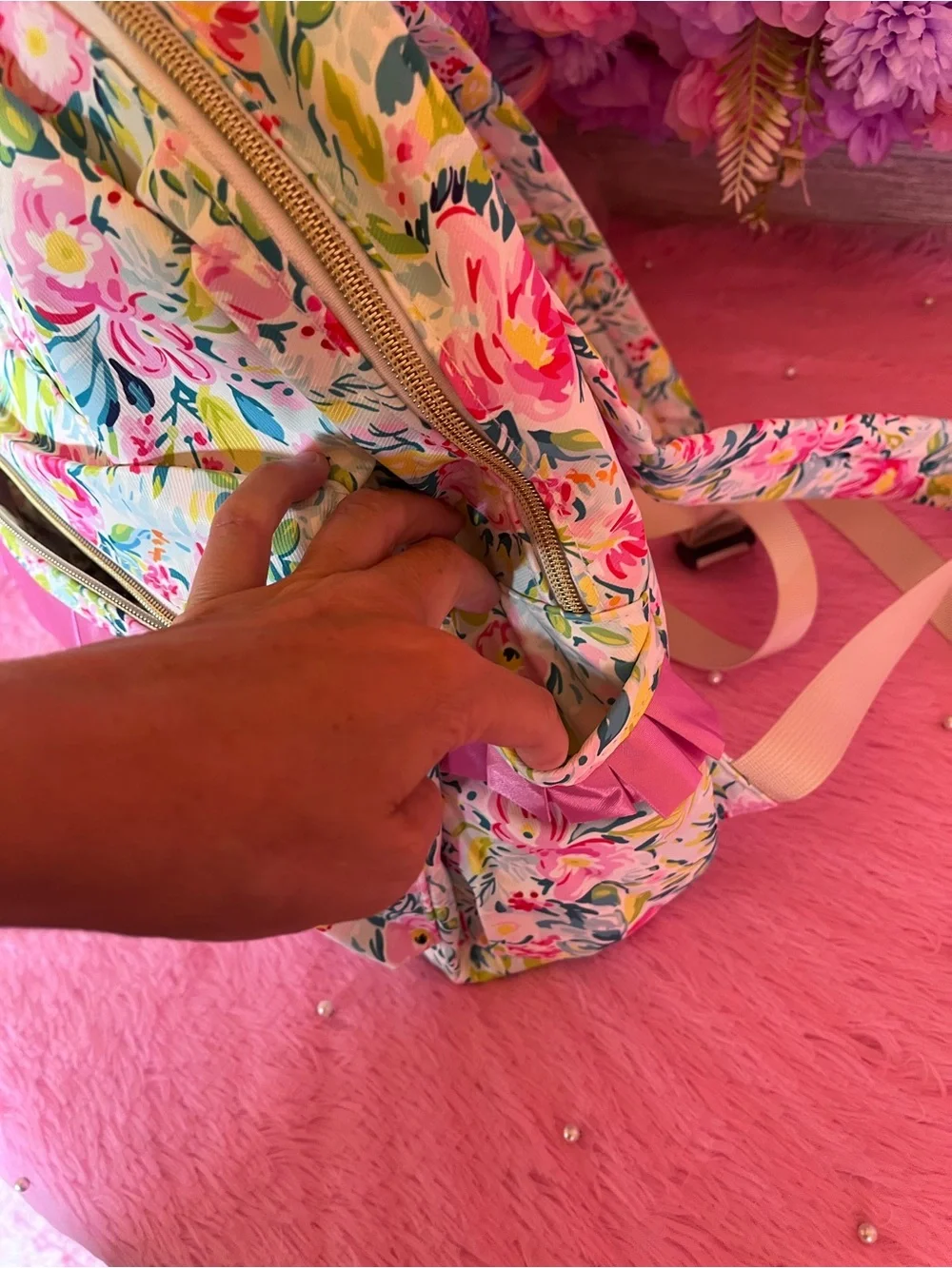 Floral Print Backpack with Pink Ribbon Trim
